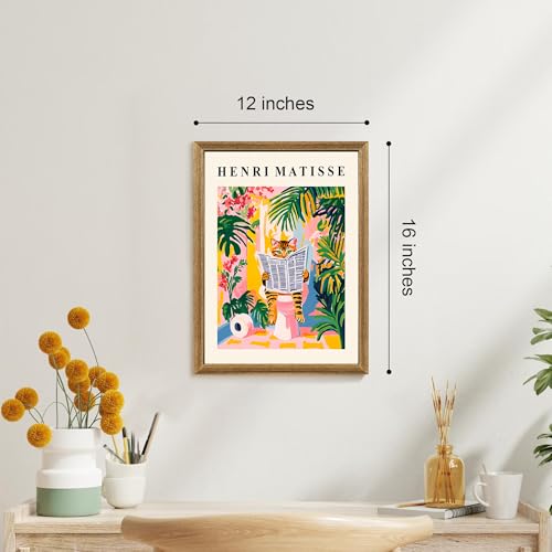 ICHZUMW Framed Funny Tabby Cat Matisse Canvas Bathroom Wall Art, 12x16 In - color: Matisse Reader, size: 16"L x 12"W