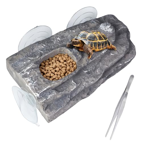 Turtle Floating Basking Platform with 3 Suction Cups & Water Bowl, Turtle Basking Platform with Feeding Tweezer for Frogs, Terrapins, Lizards(8.2×3.14×1.2 inch, Grey)