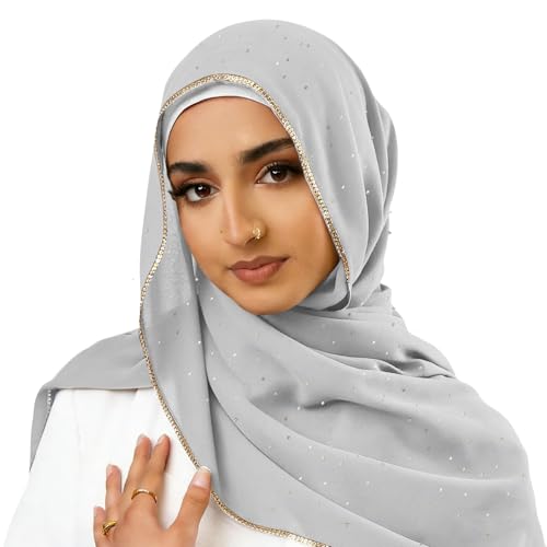 Hijab Scarf for Women Soft Chiffon Rhinestone Long Scarf Shawl Fashion Muslim Hijab Head Wrap Scarves - color: Light Grey