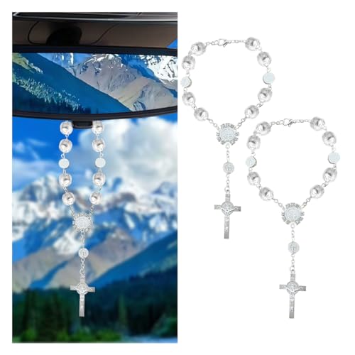2PCS Car Rearview Mirror Rosary, Cross Blessing Rosary Decoration, Personalized Rear View Mirror Charm, Car Interior Accessories, Auto Hanging Pendant for Men Women (White) - color: White
