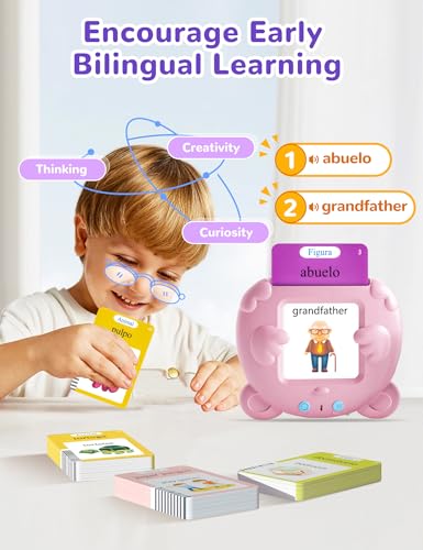Spanish & English Talking Flash Cards for Toddlers, 510 Sight Words Bilingual Pink Educational Toys for Girls, Autism Sensory Speech Therapy Toys, Española Pocket Vocabulary Learning for Kids - size: 510-Spanish&English(pink)