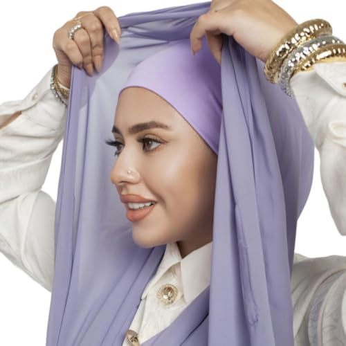 Instant Chiffon Hijab 3-in-1 with Built-in Magnets and Attached Match Undercap, Women Hijabs Set. - color: Lavender