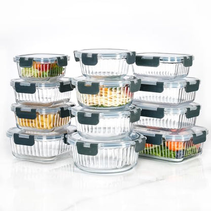 12-Piece Vertical Stripe Borosilicate Glass Food Storage Containers with Lids, Glass Meal Prep Containers, Leak-Proof Snap-Lock Sealed, BPA-Free, 10-35 oz Capacity (Mini) - size: medium