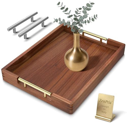 Acacia Wood Serving Tray with 2 Sets of Handles (Gold & Silver) - 17" Large Wooden Tray for Ottoman Coffee Table, Decorative Tray for Living Room & Kitchen - Solid Wood Table Topper