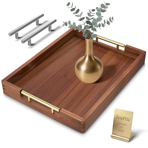 Acacia Wood Serving Tray with 2 Sets of Handles (Gold & Silver) - 17" Large Wooden Tray for Ottoman Coffee Table, Decorative Tray for Living Room & Kitchen - Solid Wood Table Topper