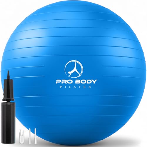 ProBody Pilates Yoga Ball - Gym Grade Exercise Ball | Sizes 45/55/65/75/85 cm, 880 lb Load, CA 10P Cert, PT & Prenatal Use, Recommended by OBs, Pump - color: Blue, size: L: 23-26 inches/58-65 cm