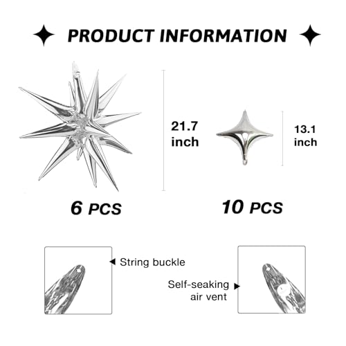 Silver Star Foil Balloons Kit with 6 Pack 12 Point Star Balloons Starburst Cone Balloons Spike Balloons and 10Pcs Four Pointed Star Balloos for Wedding Baby Shower Photo Booth Birthday Party Supplies - style: Silver Star Explosion Balloons