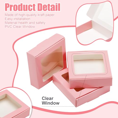 Zonon 30 Pcs Kraft Paper Boxes with Window 4.13 x 4.13 x 1.18 Inch Candy Packaging, Small Gift Boxes, Soap holder, Mini Treat Packaging for Bakery Chocolate Jewelry Display (Pink) - color: Pink