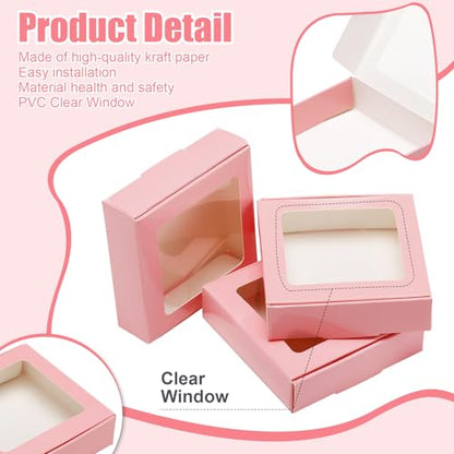 Zonon 30 Pcs Kraft Paper Boxes with Window 4.13 x 4.13 x 1.18 Inch Candy Packaging, Small Gift Boxes, Soap holder, Mini Treat Packaging for Bakery Chocolate Jewelry Display (Pink) - color: Pink