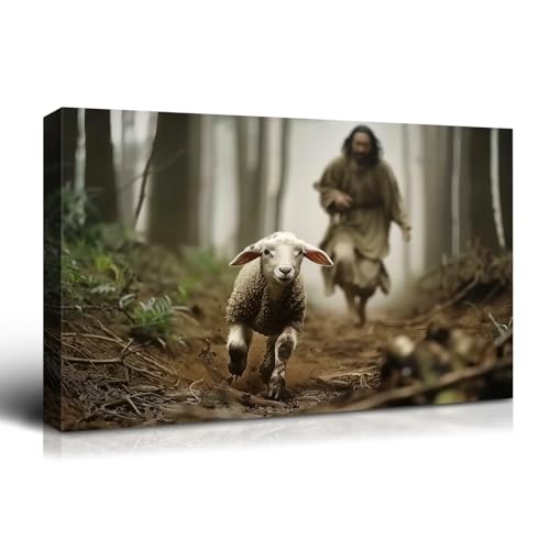 Wewejia Jesus and Lamb Canvas Wall Art 16x12 inch, Jesus Rescues Lost Lamb Picture Wall Art Canvas Print Christian Home Decor - color: WWJYSS119, size: 18"L x 12"W