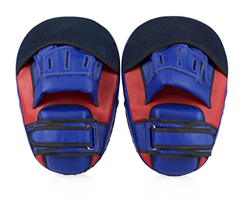 Fairtex FMV13 Maximized Focus Mitts, Muay Thai Kickboxing MMA Punching Pads | Premium Syntek leather shell with multi-layer foam. Curved shape with hook-and-loop wrist strap absorbs trainer strike impact - color: Red/Blue