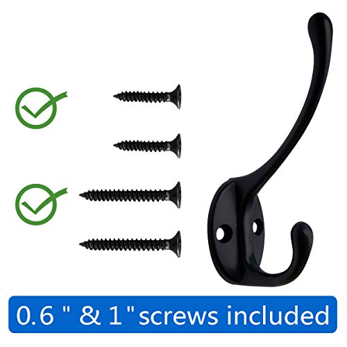 IBosins 10 Pack Black Double Coat Hooks No Rust Hooks for Coat, Scarf, Bag | Dual Coat Hooks Wall Mounted with 40 Screws Retro Hooks Utility for Towel, Key, Cap, Cup, Hat - color: Black