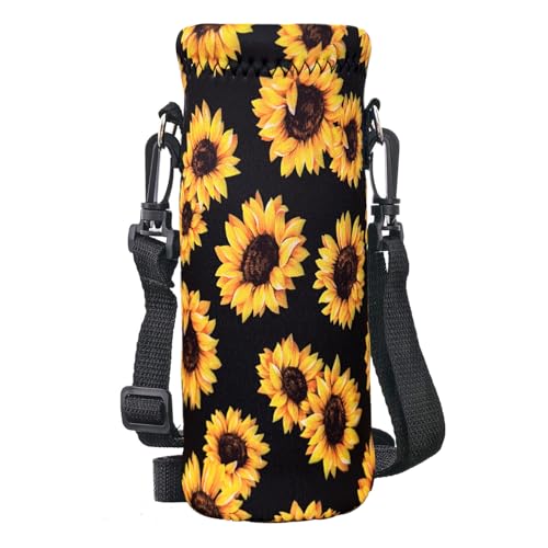 Neoprene Water Bottle Carrier Bag with Adjustable Shoulder Strap,Insulated Water Bottle Cover for Stainless Steel/Glass/Plastic Bottles - color: Sunflowers, size: 500ml