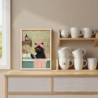 ICHZUMW Framed Funny Black Cat in Bathtub Canvas Bathroom Wall Art 12x16 In - color: Spa Kitty, size: 16"L x 12"W