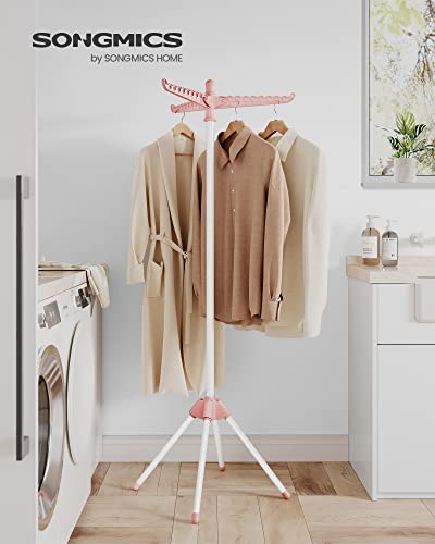 SONGMICS 의류 건조대, 149.9cm(59인치) 접이식 세탁 건조대, 행거용 회전 가능한 팔 3개, 다리 4개, 스테인리스 스틸, 옷 27피스용, 핑크 및 화이트 ULLR510P01 - color: 핑크 + 화이트., style: 1단