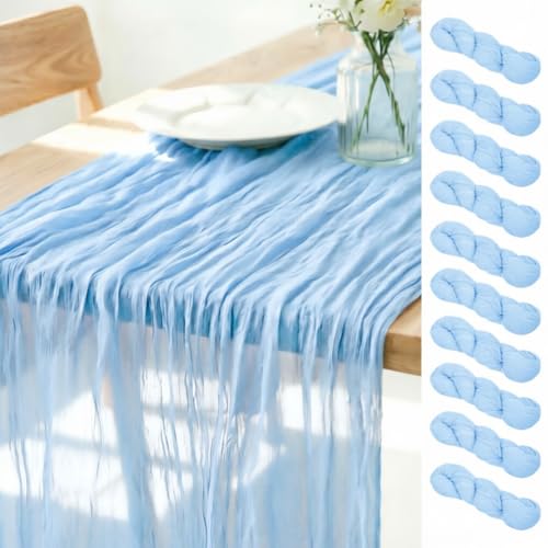 LINXTAR Light Blue Cheesecloth Table Runner 10 Pack 120 Inches 10Ft Gauze Summer Boho Table Runner for Wedding Tea Party Baby Shower Bridal Birthday Home Decoration - color: Baby Blue, size: 10ft 10Pack