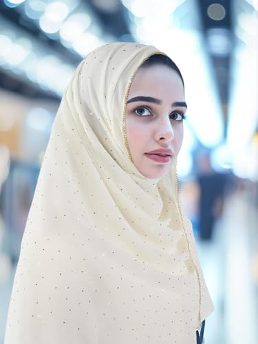 Geyoga Hijab Scarf for Women Soft Chiffon Rhinestone Long Scarf Shawl Fashion Muslim Hijab Head Wrap Scarves - color: Beige