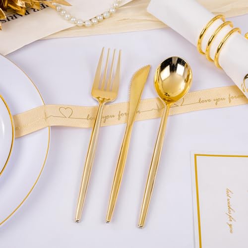 MirthMood 350Pcs White and Gold Dinnerware Set,Plastic plates Includes:50 Dinner Plates, 50 Dessert Plates, 150 Gold Plastic Cutlery,50 Paper Towels & 50 Cups for Party&Wedding - color: White, size: 350