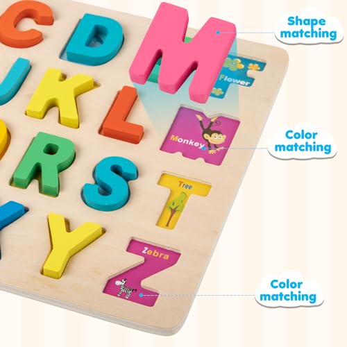 Attmu Wooden Puzzles for Toddlers, 3 Pcs Alphabet Puzzle ABC Shape Number Puzzle, Learning Toys for Kids, Preschool Educational Activities Toddler Gift Toys for Girls Boys Christmas Valentines Easter - size: 3 Pack
