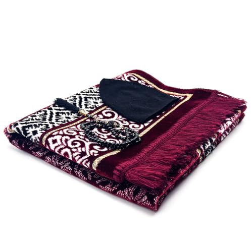 Velvet Islamic Prayer Rug Set (Thick Prayer Mat - 99 Tasbih Prayer Beads - Black Cotton Kufi Hat) Eid and Ramadan Gift for Muslims (Red) - color: Red