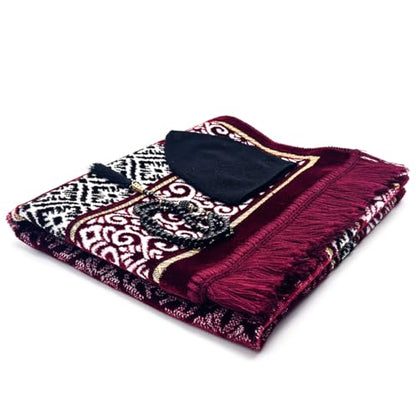 Velvet Islamic Prayer Rug Set (Thick Prayer Mat - 99 Tasbih Prayer Beads - Black Cotton Kufi Hat) Eid and Ramadan Gift for Muslims (Red) - color: Red
