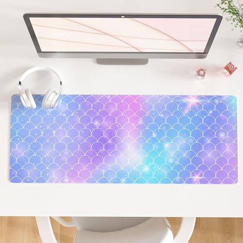 QiyI PU Leather Large Mouse Pad, 31.5" x 11.8", Gradient Fish Scales | Desk Décor Accessories, Extended Size, Waterproof & Easy to Clean, Smooth Surface, Non Slip Desk Organization - color: Gradient Fish Scales, size: 31.5" x 11.8"