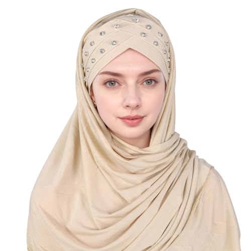 Muslim Head Scarf for Women Crystal Linen Rhinestone Cross Strap Turban Wrap Cap Elegant Breathable Sparkly Hijab - color: 05#_khaki