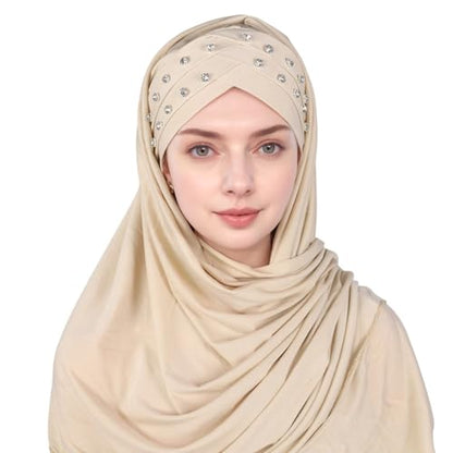Muslim Head Scarf for Women Crystal Linen Rhinestone Cross Strap Turban Wrap Cap Elegant Breathable Sparkly Hijab - color: 05#_khaki