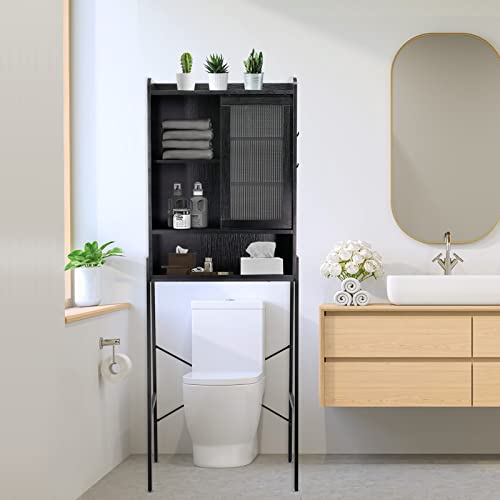 SUNTAGE Over Toilet Storage Cabinet for Bathroom, Over Toilet Shelf Organizer, Freestanding Space Saver with Adjustable Shelves, Wide Open Shelf, Acrylic Sliding Door, Metal Frame, Black - color: Elegant Black