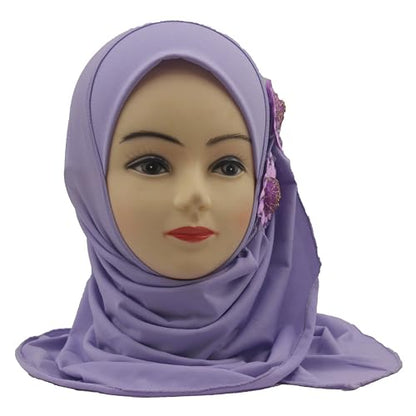 Soft Instant Hijab for Kids Girls Muslim Headscarf Islamic Scarf Shawl Wrap with Flowers - color: Lavander-2 Flowers