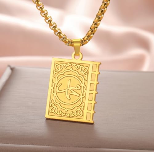 Islamic Necklace Double Sided Quran Book Muhammad Prophet Allah Pendant Arabic Calligraphy Ayatul Kursi Muslim Religious Jewelry Islam Eid Ramadan Gift for Men Women - color: gold