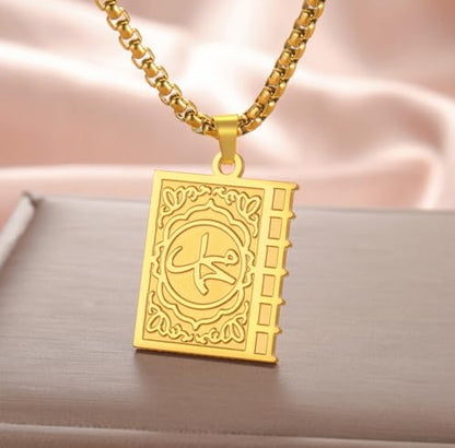 Islamic Necklace Double Sided Quran Book Muhammad Prophet Allah Pendant Arabic Calligraphy Ayatul Kursi Muslim Religious Jewelry Islam Eid Ramadan Gift for Men Women - color: gold