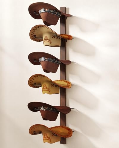 Cowboy Hat Holder, 3-Piece Wall Mount Cowboy Hat Rack for Wall Holds up to 6 Hats – Wooden + Metal Rustic Western DIY Hat Racks for Wall Storage and Home Décor - color: Vintage Brown, size: 6 Hats