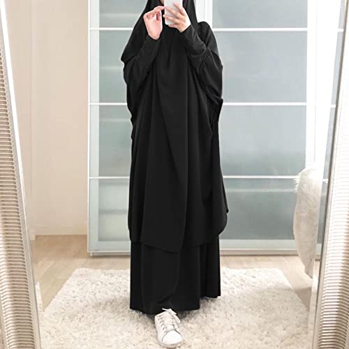 Prayer Clothes for Muslim Women Islamic Abaya Suit Maxi Skirt + Khimar Hijab 2pcss Burka Jilbab Kaftan - color: Black