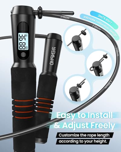 RENPHO Smart Jump Rope with Counter, App Data Tracking, LCD Display | App Data Storage & Analysis, Tangle-Free Design, Adjustable Workout Rope, Fitness Training for Crossfit, Gym & MMA - color: C-Black Steel wire rope 1 pc