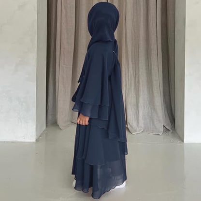 Chiffon layered Open Abaya Dubai Kaftan Muslim Cardigan Abayas Dresses For Girls Casual Robe Kimono Islam Clothing - color: Navy Blue, size: 11-12 Years