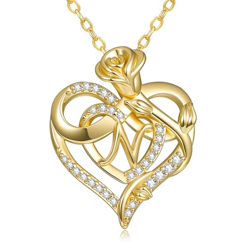 14k Gold Plated Heart Initial Necklaces for Women - style: Letter N