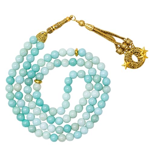 Amazing Gemstone Crystal Tasbeeh with Moon and Star Charm - Certified Crystal Muslim Prayer Beads Natural Gemstone Tasbih Gift for Ramadan Dhikr and Daily Namaz (G) - color: Amazonite