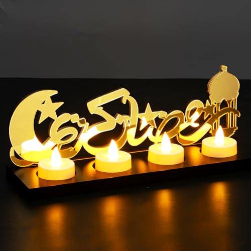 Rossesay Islamic Decorations Islamic Candle Holder with LED Tea Candles Wooden Acrylic Islamic Tabletop Decors Ramadan Kareem Eid Mubarak Sign Muslim Gifts for Home Table Party Decorations(Novelty)