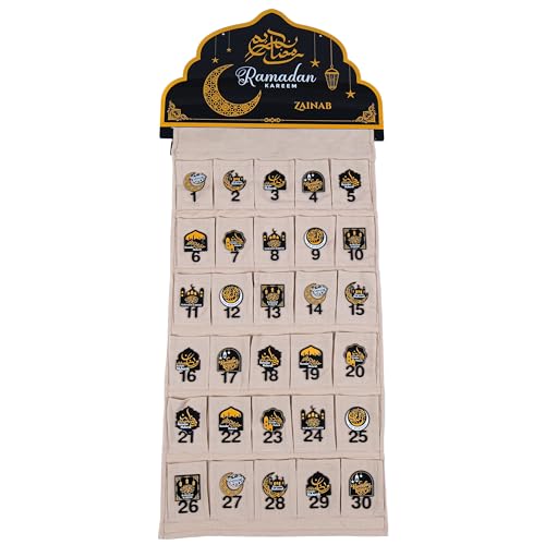 IEF Personalized Fabric Canvas Ramadan Advent Calendar Countdown Days of Ramadan Till Eid Ramadan Kareem Eid Mubarak Home Décor for Girls and Boys (Wall Decor, Beige) - color: Beige