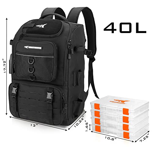 KastKing KarryAll Fishing Backpack with Rod Holder 4 Tackle Boxes, 40/26L | Tackle Bag Storage Fishing Gear and Equipment, Water‑Resistant Material, Fishing Gift for Men - color: A: Large (40 L) - Black