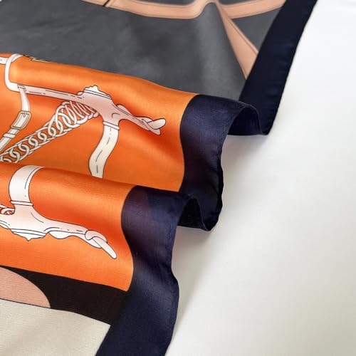 FONYVE Silk Feeling Scarf Medium Square Satin Head Scarf for Women 27.5 × 27.5 inches - color: 04 Orange & Purple Chain