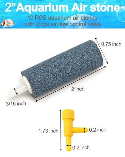 Air Stones for Aquariums 2 Inch 10 Pack Grey Air Stone Cylinder Aerator Bubble Diffuser with 2 Control Valve for Nano Air Pumps Fish Tanks and Small Buckets - size: 2" 10 PCS
