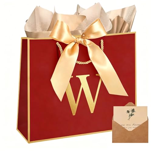 Topaliving Personalized Gift Bag with Card and Tissue Paper, 26 Letters Birthday Gift Bag 13'' Custom Valentines Weddings Present with Initials/Numbers for Women Men Kids (Red,W) - color: Red, size: W