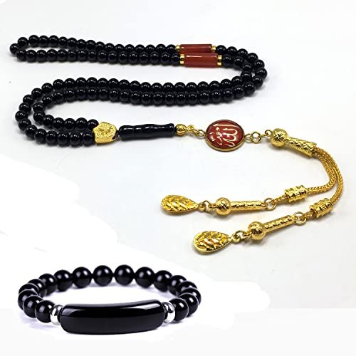 Special Prayer Beads Series -99 beads- Tesbih Tasbih Tasbeeh Misbaha Masbaha Subha Sebha Sibha (Black Shiny Agate Stone and Bracelet -6 mm Small Beads-)