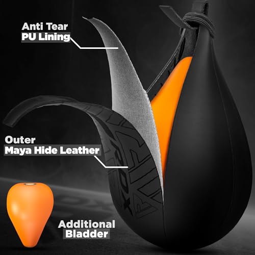 RDX Speed Bag Boxing Ball, Maya Hide Leather Dodge Striking Target with Additional Bladder, MMA Muay Thai Punching Workout Kicking Martial Arts Training Home Gym Exercise Speedball - color: BLACK, size: Speed Bag with Swivel