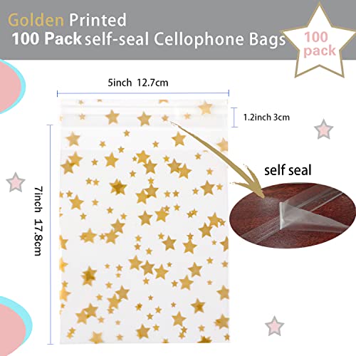 COQOFA 100 Pcs Star Printed Sealable Gift Wrap Cello Cellophane Bags Self sealing Adhensive Treat Bags Party Favor bags (5x7inch, Gold) - color: Gold(Self-sealing), size: 5x7 in