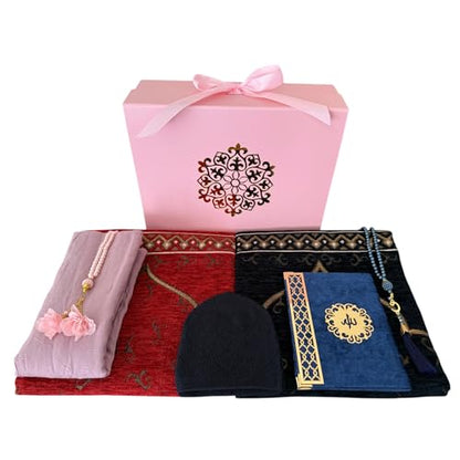 SAIKA 7 Pieces Prayer Rug Set, Prayer Rug Set for Couples & Families, Prayer Beads, Scarf, Muslim Hat, Prayer mats & Short Surahs Book, Islamic Gift, Janmaz, Salah mat, Rmadan Gift (Rose Box Set) - color: Rose Box Set