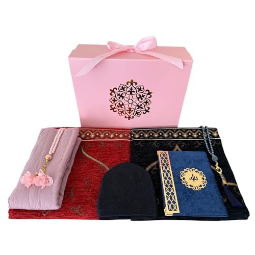 SAIKA 7 Pieces Prayer Rug Set, Prayer Rug Set for Couples & Families, Prayer Beads, Scarf, Muslim Hat, Prayer mats & Short Surahs Book, Islamic Gift, Janmaz, Salah mat, Rmadan Gift (Rose Box Set) - color: Rose Box Set