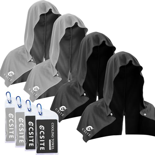 CSITE 4 Pack Cooling Hoodie Towels for Neck and Face, UPF 50 Sun Protection & Instant Cooling, Ice Towels for Hot Weather, Soft Breathable Towel for Sport, Work Out, Gym, Camping & More Activities - color: Black*2/Gray*2